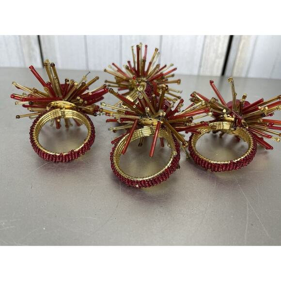 Pier 1 Starburst Napkin Ring Set MCM Look Retro Atomic Red Gold Set Of 4 - Picture 2 of 3